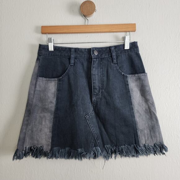 Free People Dresses & Skirts - Free People Two-Tone Patchwork Distressed Denim Frayed Hem Fringe Skirt Small S